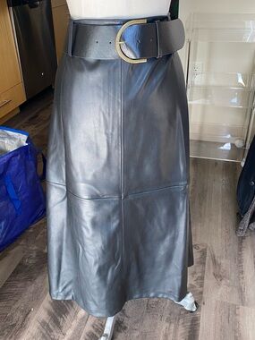 Mango Black Faux Leather Midi Skirt with Wide Belt